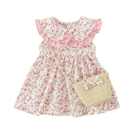 

Lovskoo Boho Baby Dress Toddler Girl Summer Out Lace Doll Collar Bow Sleeveless Floral with Hat for 1-4 Years Pink