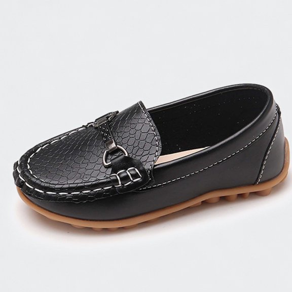 Ticikt Kids Loafer Shoes, Slip-On Dress Shoes with Metal Buckle, Comfortable Casual Footwear for Boys Girls,Black,Size:3.5-4 Years