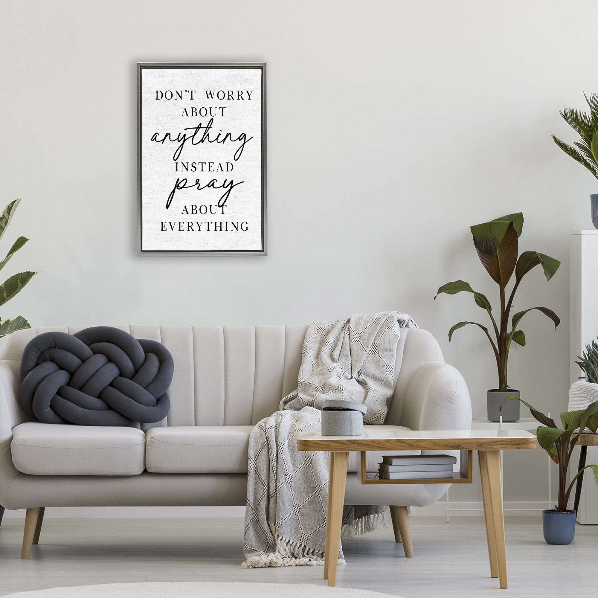 Pray Instead Of Worry Gray Framed Floater Canvas Wall Art, design by Lettered and Lined