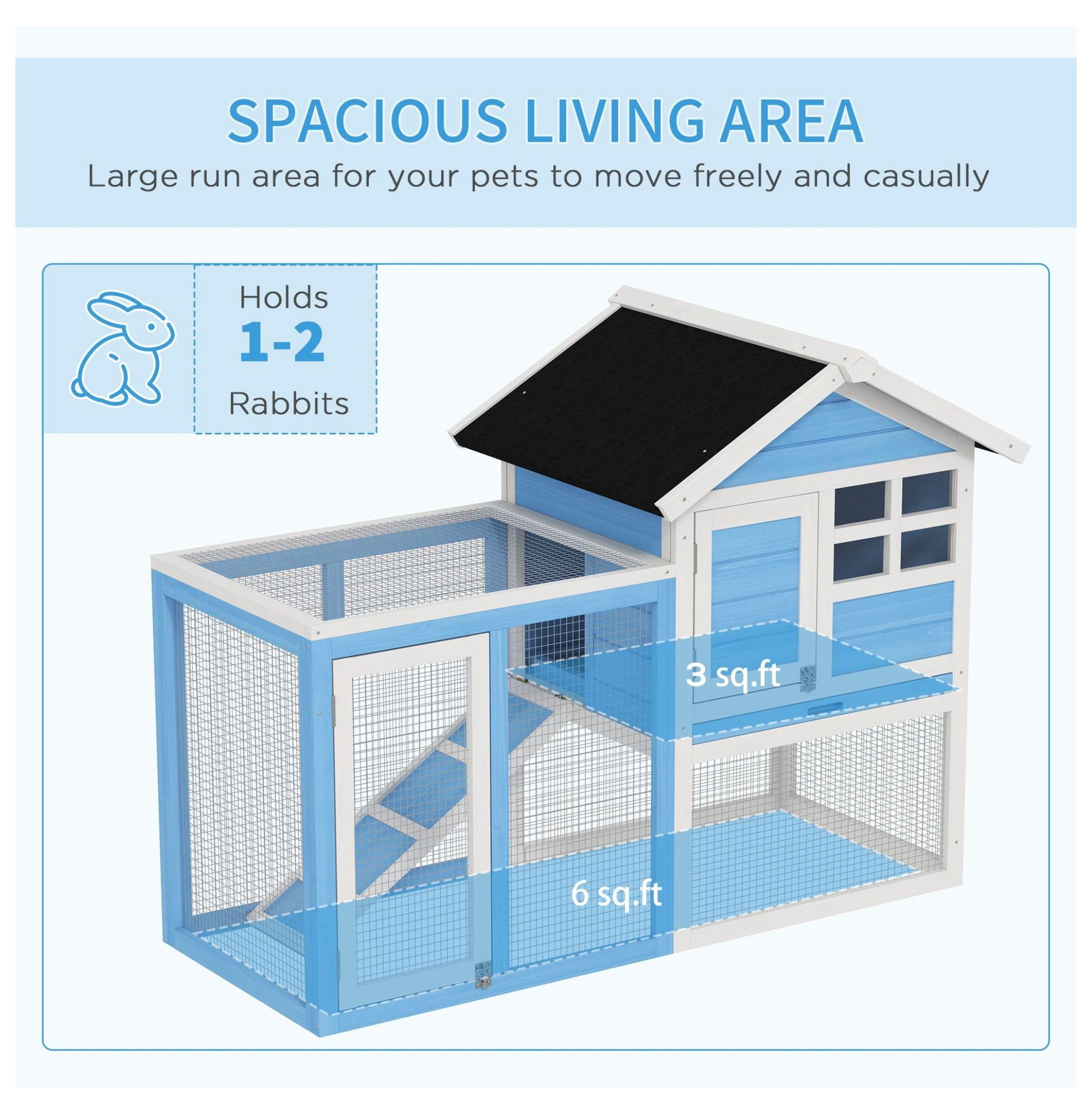 Indoor Rabbit Enclosure, Outdoor Hutch Inch Bunny Cage with Waterproof Roof Run Removable Tray Ramp Light Blue