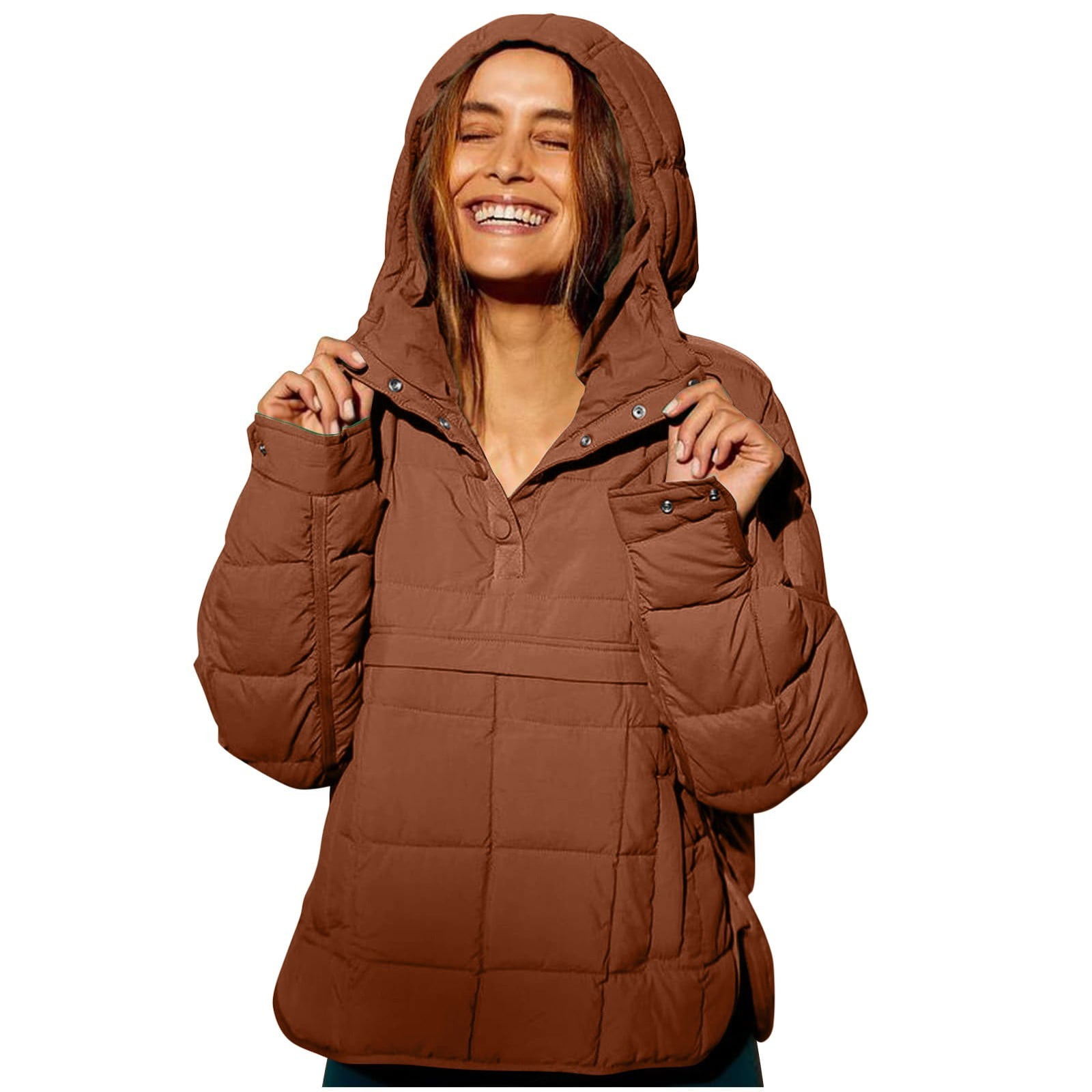 Rigardu Hoodies for Women Pullover Women's Quilted Pullover Puffer Jacket Oversized Long Sleeve Hooded Coats Winter Warm Lightweight Outwear with Pocket Womens Hoodies Brown 3Xl