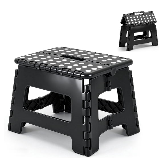 JONPONY Folding Step Stool with Handle Anti-Slip Foot Stool with 9 Inch Height - Holds Up to 300 lbs - Sturdy Plastic Foldable Step Stool for Kitchen, Bathroom & Living Room (Black)