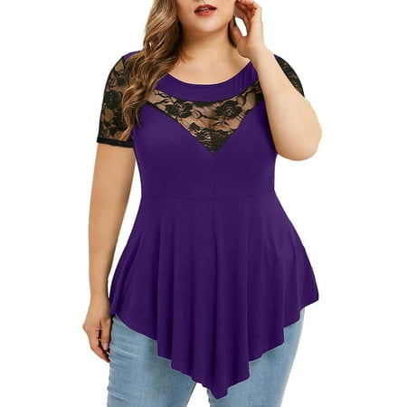 Women Plus Size Top Short Sleeve Lace Patchwork Pleated Asymmetric Tunic Tops Dressy Casual Solid Babydoll Tee Blouse