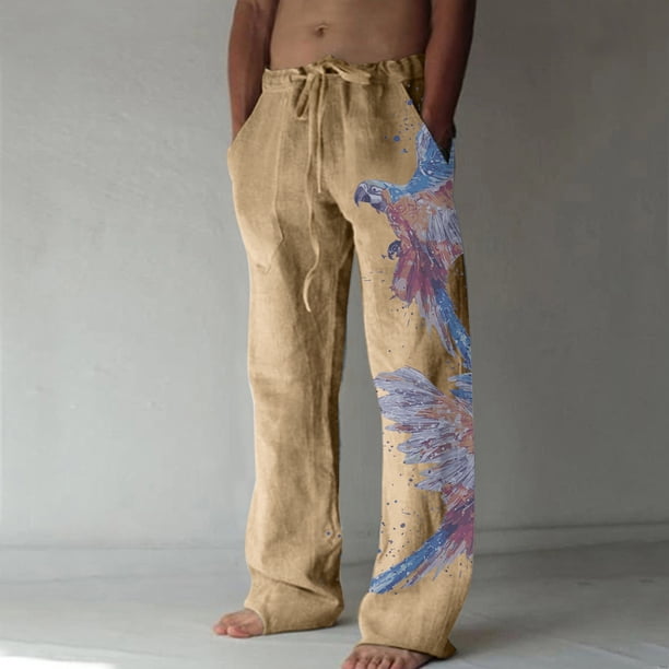 Pantalones largos de verano para hombre, de algodón y pierna ancha, deportivos con cordones estampados, informales
