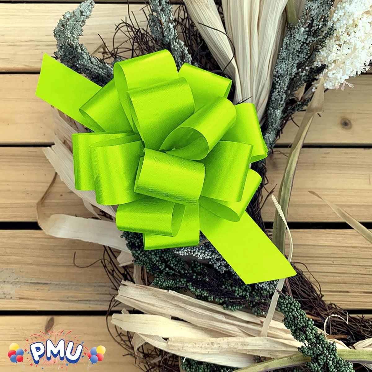 PMU Pull String Bows - Gift Bows for Wedding, Birthdays & Anniversaries - Ribbon Bows for Flowers & Basket Decoration - Large Bow for Gift Wrapping - 5 Inch 20 Loops Lime Green- (50/pkg) Pkg/1