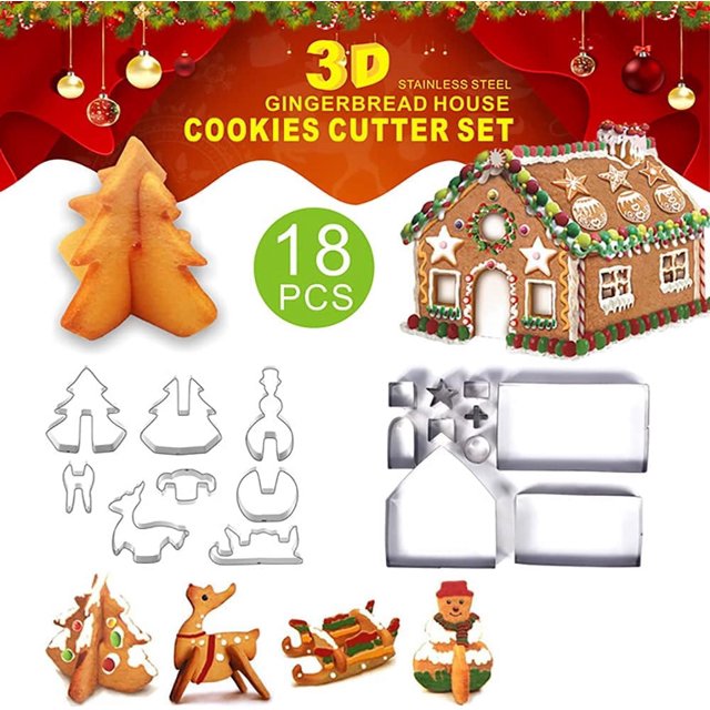 Juego de cortadores de galletas de casa de jengibre, kit para hornear tu propia casita navideña pequeña, casa de chocolate, empaquetado en caja de regalo