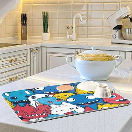 

Little Monster Cartoon Doodle Dish Drying Mats for Kitchen Counter Absorbent Microfiber Coffee Pad