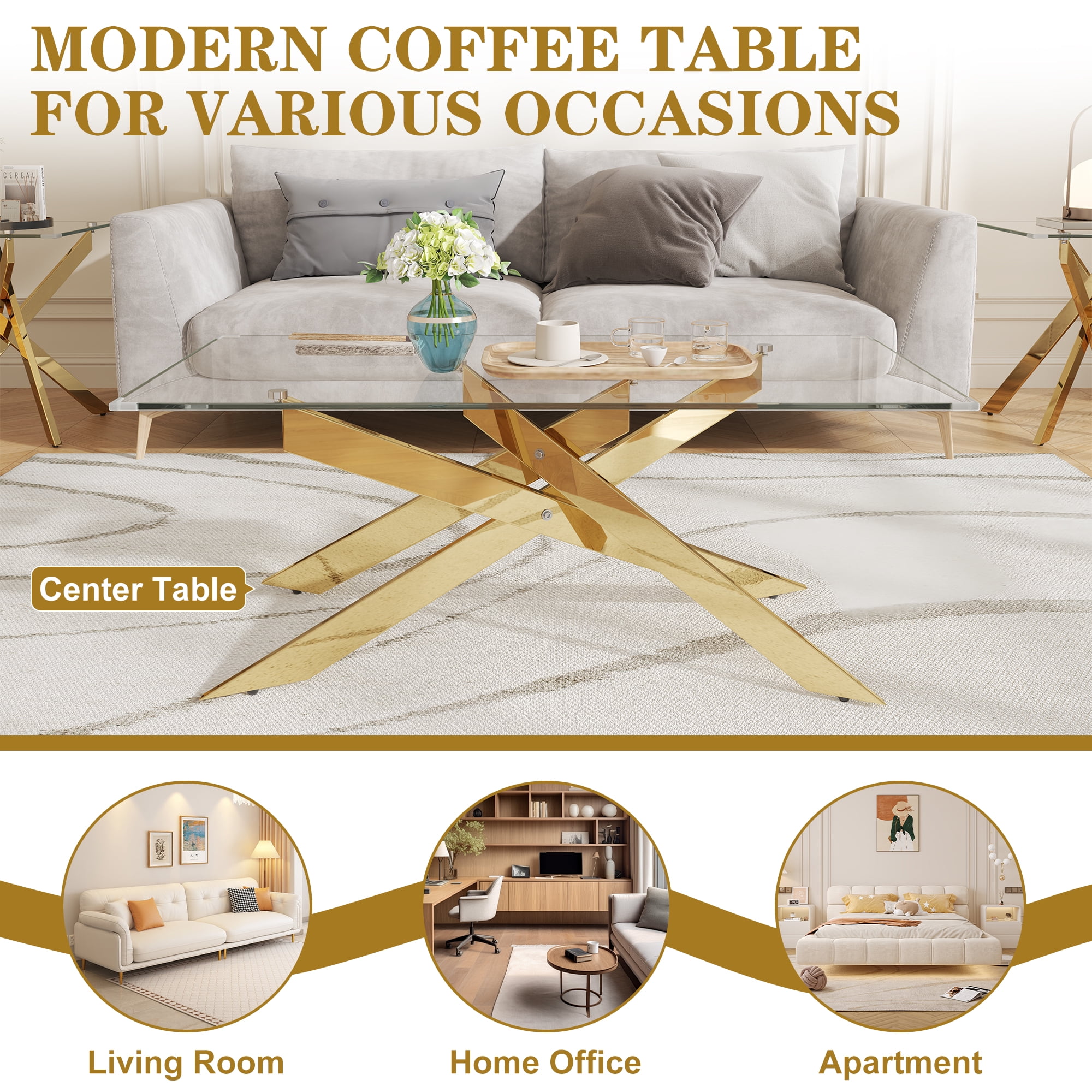 3-Piece Tempered Glass Table Set, Coffee Table, Console Table & End Table with Geometric Metal Legs for Living Room, Office