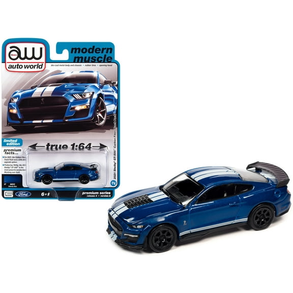 2021 Shelby GT500 Carbon Fiber Track Pack Velocity Blue w/White Stripes Ltd Ed 1/64 Diecast Model Car by Auto World