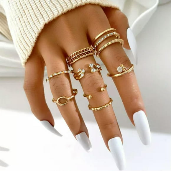 HOOUN 10PCS Gold Color Vintage Ring Creative Retro Joint Ring Pearl Zircon Finger R:yq-