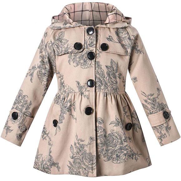 Long Sleeves Vintage Floral Print Chino Cotton Hooded Hoodie Trench Coat Outerwear Windbreaker for Little Girls & Big Girls, A-Flower khaki, 10-11 Years=Tag 160