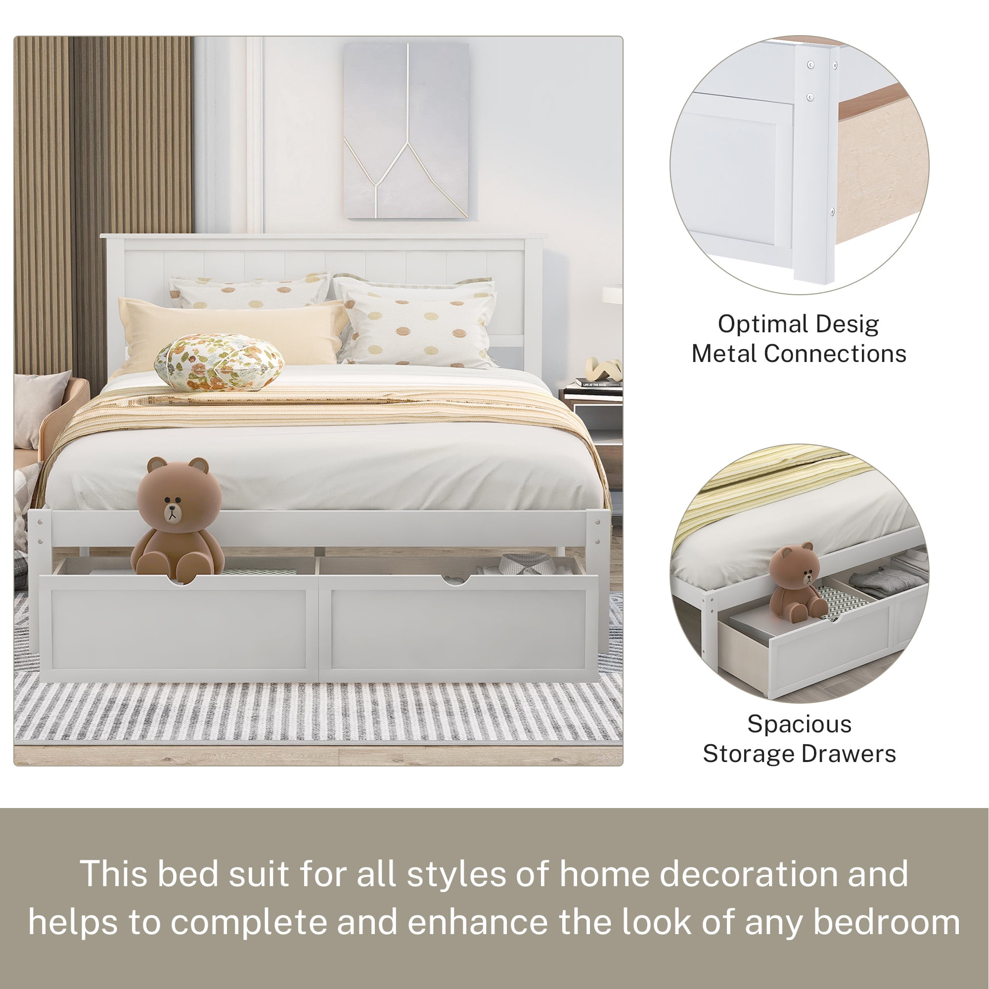 PAPROOS Full Bed with Storage, Heavy Duty Wood Platform Bed Frame with Headboard and Under-bed Drawers, Space Saving, Modern Full Size Bed Frame, No Box Spring Needed, White
