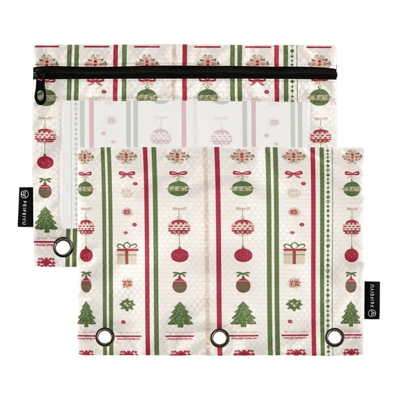 Christmas Theme Pattern Vertical Stripes Binder Pouches Zipper Pocket Document Storage 3 Rings 2 Packs A5 Size