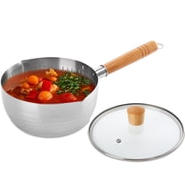 Stainless Steel Saucepan with Glass Lid, 2 Quart Yukihira Sauce Pan with Wood Handle, Traditional Japanese Snow Pan Pot with Two Side Spouts for Cooking, Noodles, Soups, Hot Milk, 8"