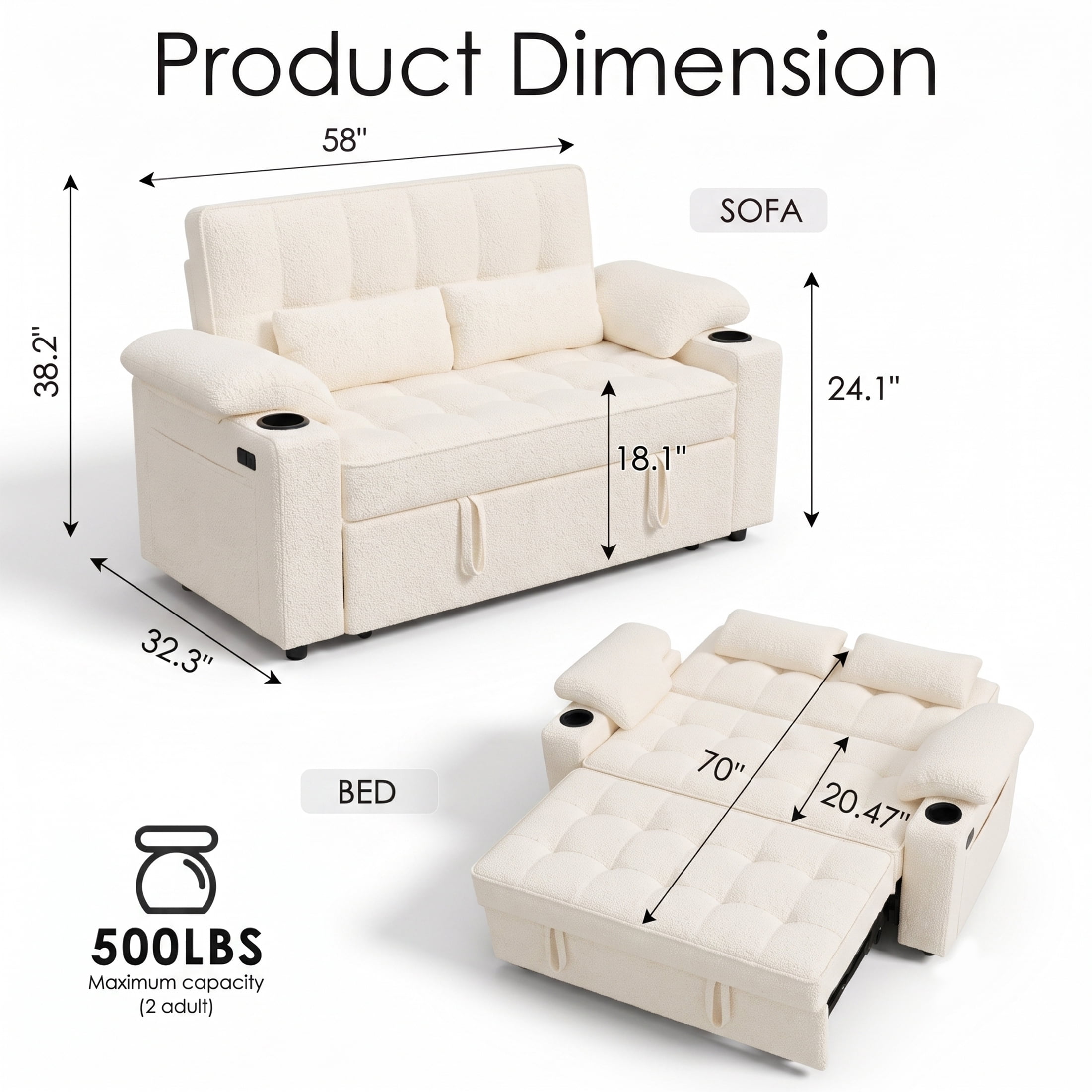 58" Convertible Sleeper Sofa Bed, Full Size Pull Out Couch with USB Charging, Cup Holders, Adjustable Backrest & Side Pockets, Towel Fabric Loveseat for Living Room, Apartment, Office (Beige)
