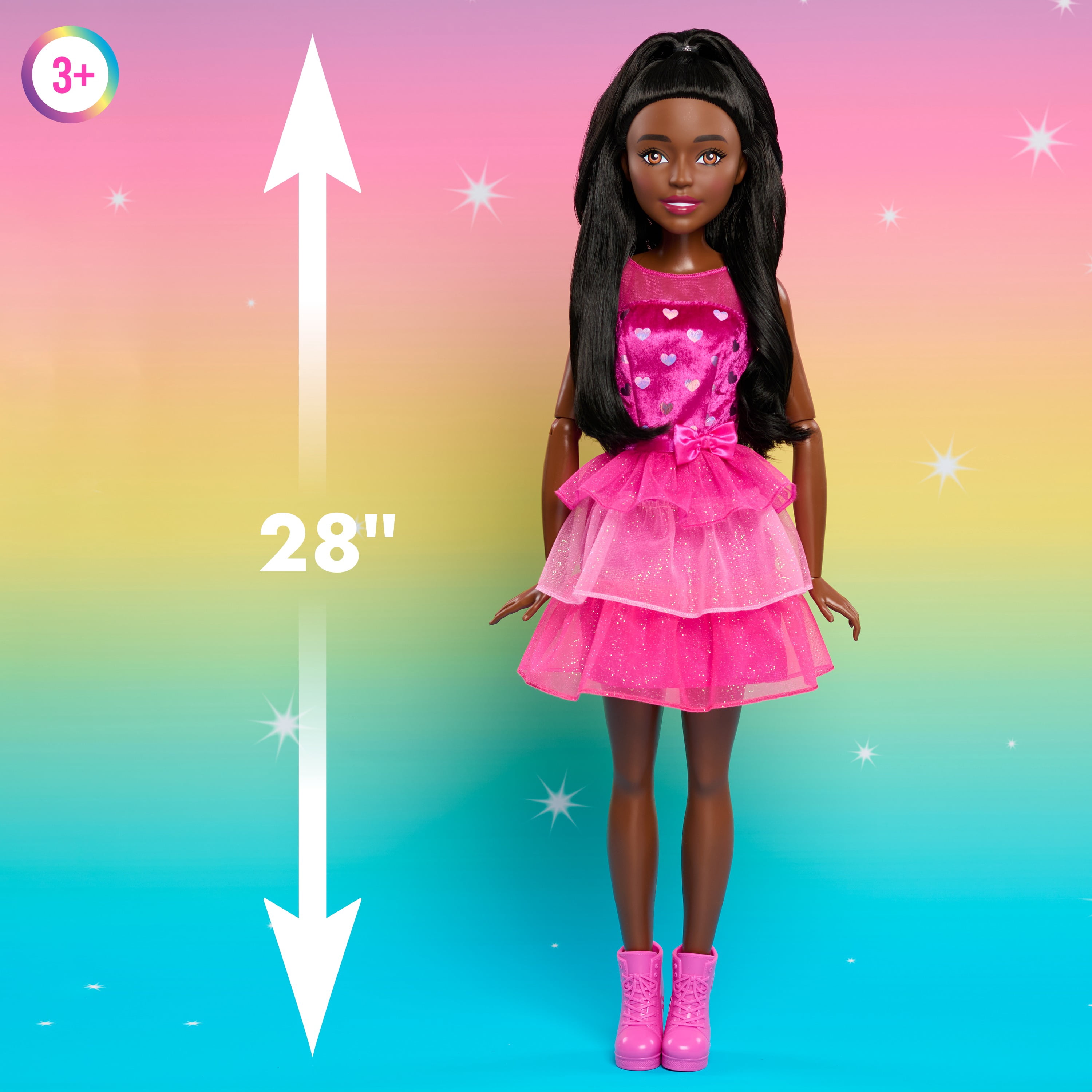 Barbie 28-Inch Fashion Doll, Large Brown-Haired Doll with Removable Shimmery Dress and Removable Shoes, Poseable Arms and Legs, and Brushable Hair, Toddler Toys, Ages 3 and up