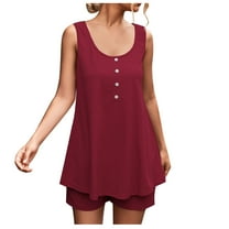 ShomPort 2 Piece Set for Women Summer Pajama Suits Scoop Neck Sleeveless Tunics and Wide Leg Shorts Casual Outfits