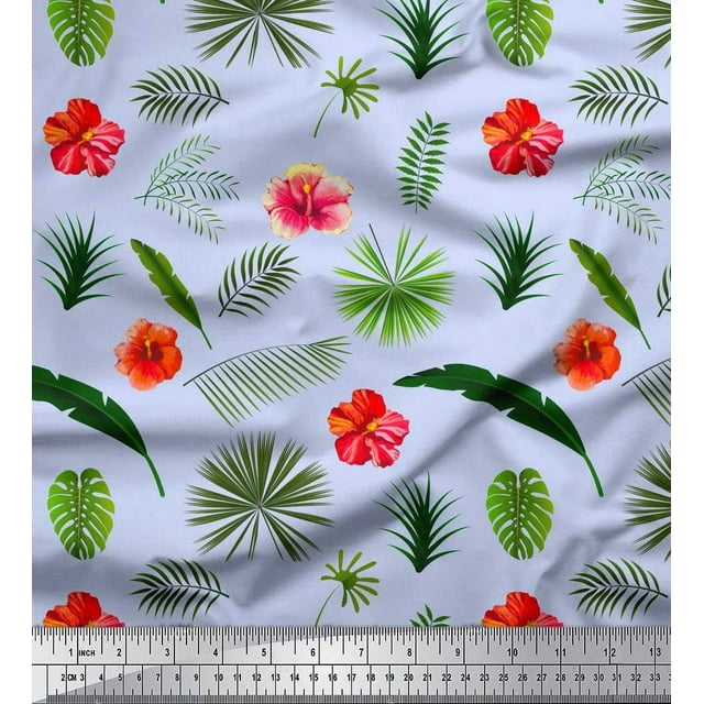 Soimoi Polyester Crepe Fabric Floral & Leaves Tropical Printed Fabric 1 Yard 42 Inch Wide