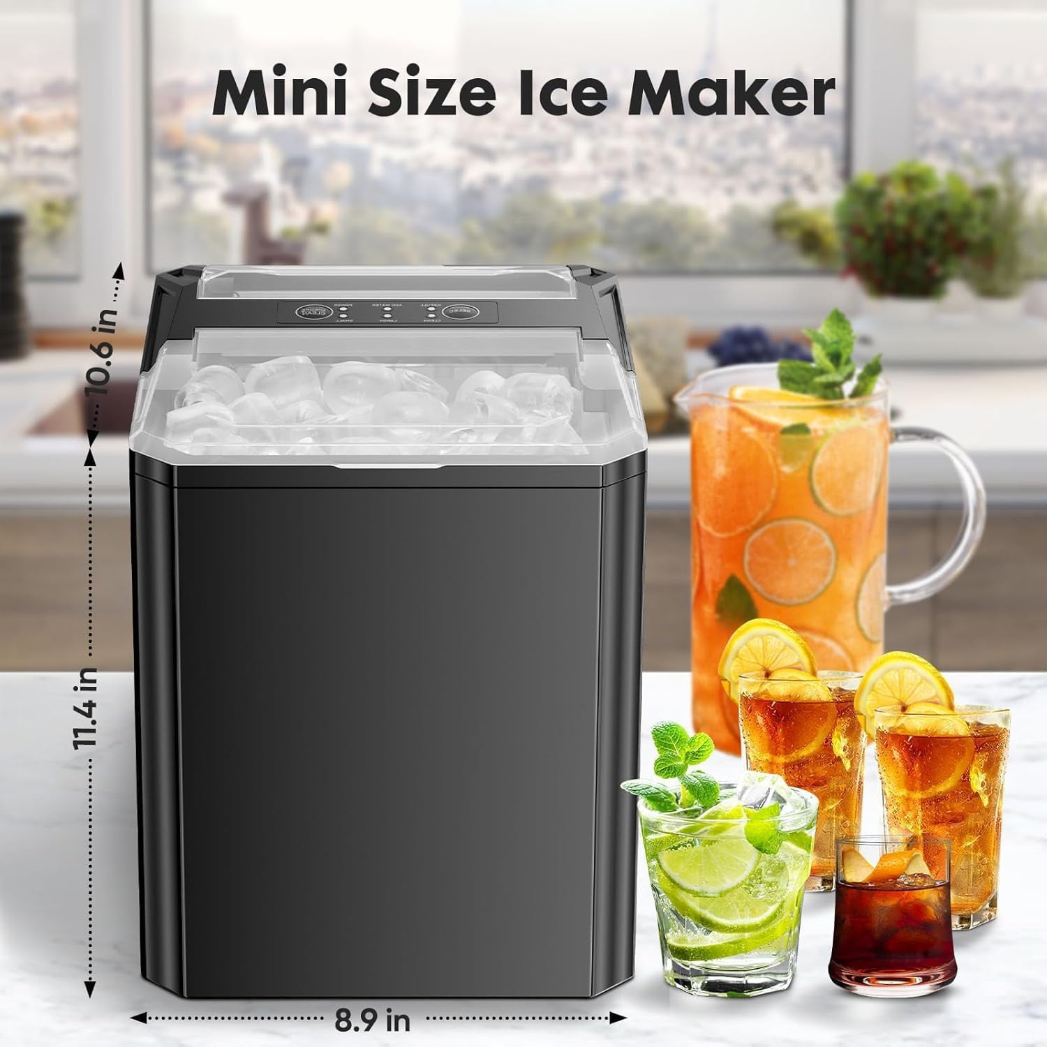 Ice Maker, Portable Countertop Icemaker Machine, Self Cleaning Quiet 2 Sizes Bullet Cubes Makers, 9 Cubes in 6 Mins, 26lbs/24Hrs with Ice Scoop, Basket for Home Kitchen Party,Black