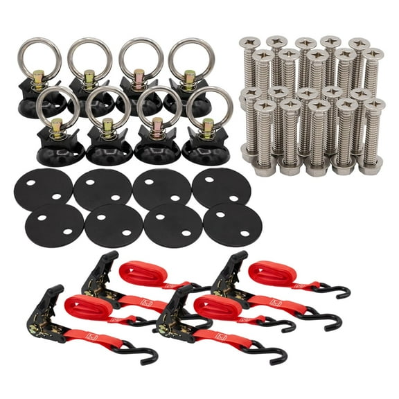 4 Pcs 1'' x 10' Red Ratchet Strap & 44 Pcs Black Tie Down Kit w/ 2" Round Anchor Point - Ratchet Strap with S Hook & 500 WLL for Boat Tie Down to Trailer & Jet Ski, ATVs, Bikes