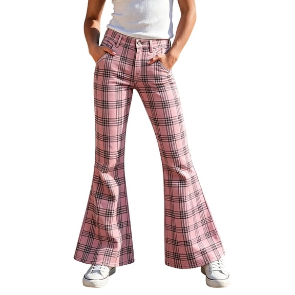 LRen Tween Girls School Uniform High Stretchy Flare Dress Plaid Striped Pants with Pocket Casual Trousers for Tween Girls Age 15-16 Years