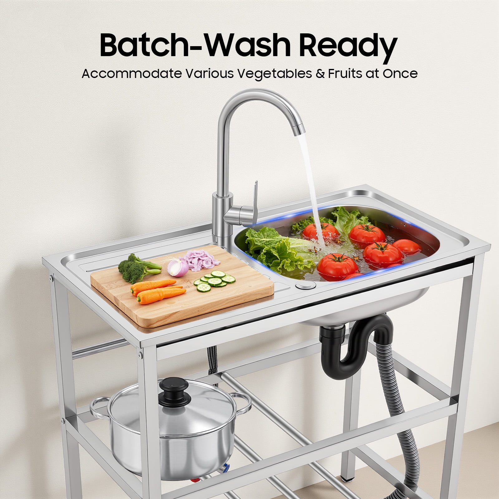 ChicHomey Freestanding Outdoor Kitchen Utility Sink, Stainless Steel Sink with Faucet,with Cleaning Table&Storage Shelves, for Backyard Garden Kitchen