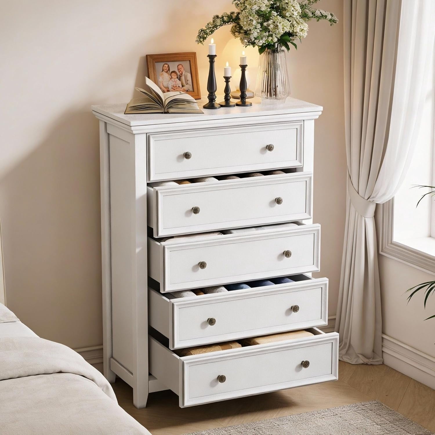 Boshiro Tall Dresser for Bedroom, 5 Drawer Dresser, Chest of Drawers, Organizer Drawers, for Hallway Entryway, White