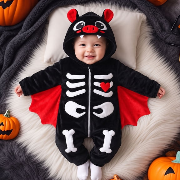 CUZIBR Baby Bat Costume Boy Girl Fuzzy Halloween Onesie Animal Romper Jumpsuit Hooded Zip Up Long Sleeve Funny Dress-up Party Clothes,Red,3-6 Months