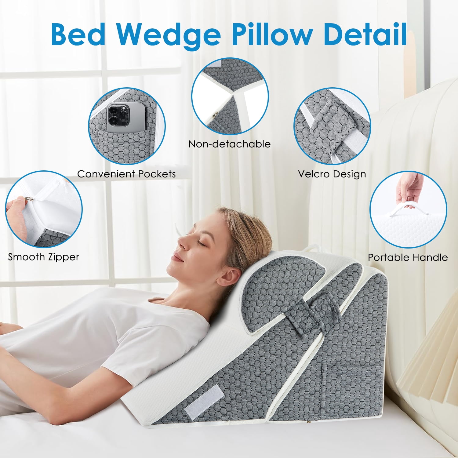 WANALIT Wedge Pillow for Sleep Apnea, Adjustable Wedge Pillow Headboard, Bed Wedge Pillow for Acid Reflux and Back Pain Relief, Pillow Wedge for Sleeping with Neck Support Pillow, White & Grey