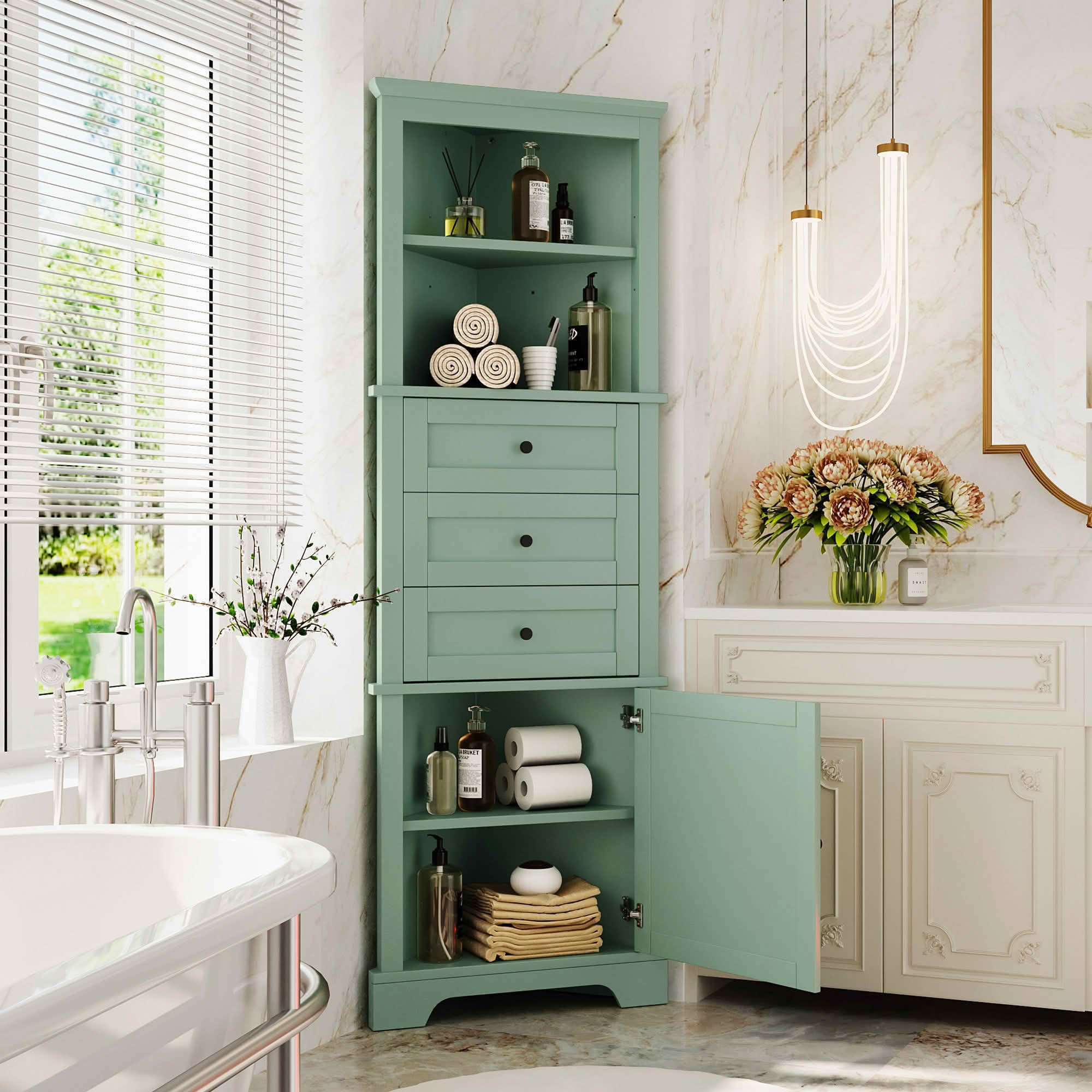 MAYEERTY Green Triangle Tall Cabinet 3 Drawers Adjustable Shelves MDF Painted