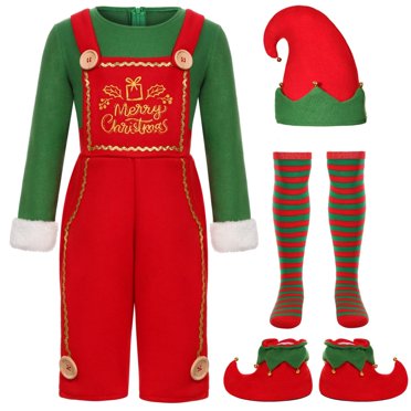 XXWXYD Filles Noël Elf Costume Ensemble Robe des Fêtes avec Chapeau Chaussures Chaussettes Père Noël Aide Tenue pour Enfants