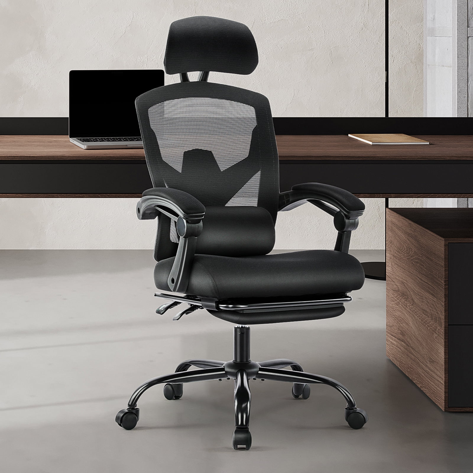 JIOABL Ergonomic Office Chair - High Back Mesh, Reclining with Lumbar Support, Adjustable Headrest, Footrest & Padded Arms, Black