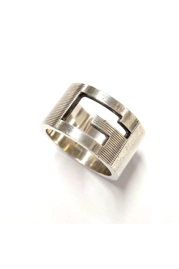 Pre-Owned Gucci Branded G Cutout Wide Ring, Size #16, SV925, 12.2g, Silver, Women's.