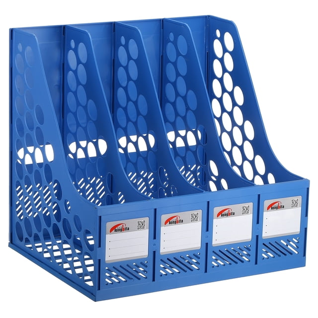 Unique Bargains Magazine File Holder, PS Plastic Vertical 4 Compartment Desktop Book Storage Rack Organizer, Blue