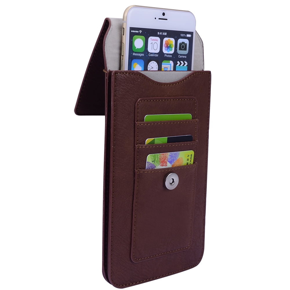 BUNDLE: Professional Vegan Leather Vertical Smartphone Holster Wallet (Brown) & Selfie Stick Mini Tripod 2.0 (Silver) - Belt Loop, Removable Carabiner, Card Slots - fits Smartphones up to 6.5-inch