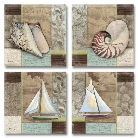 Classic Coastal Santa Rosa Nautilus Shells and Sailboats; Four 12x12 Collage Style Posters