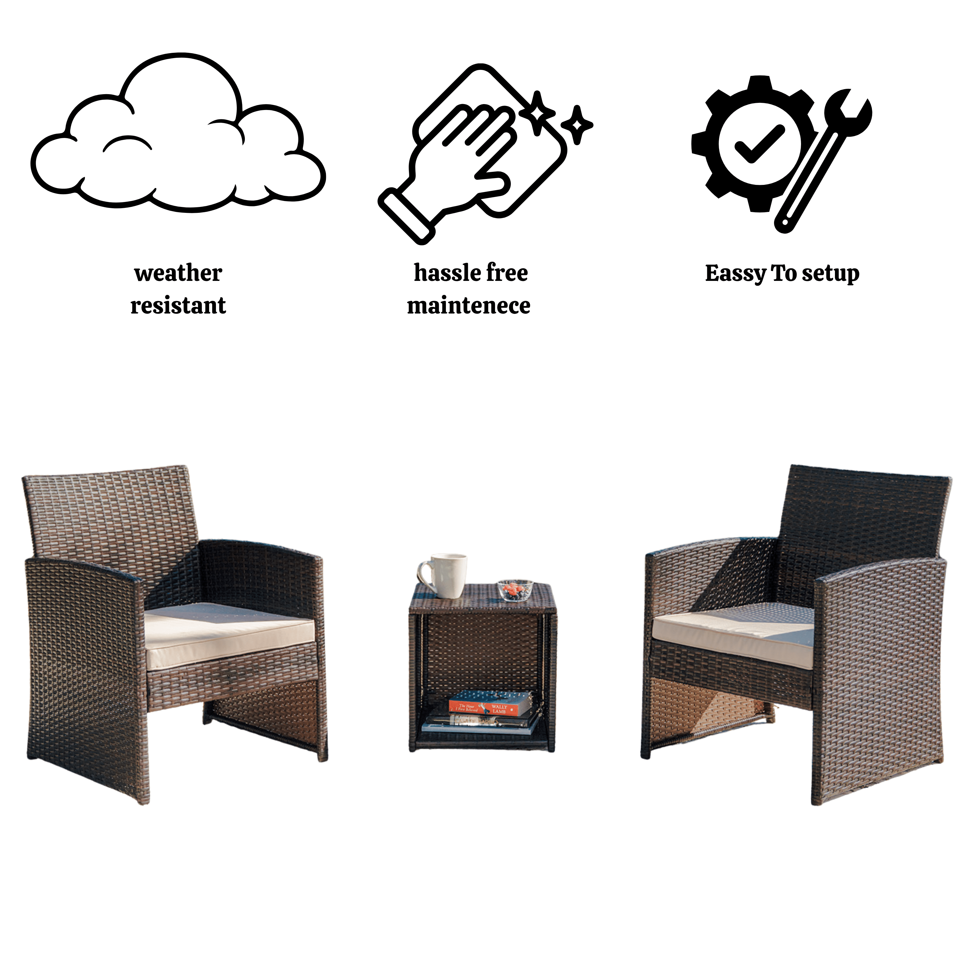 Lammaloe Outdoor Patio Furniture Sets 3 Piece, Outdoor Furniture with 2 Chairs & Storage Side Table, Porch Furniture Patio Set, Brown/Beige