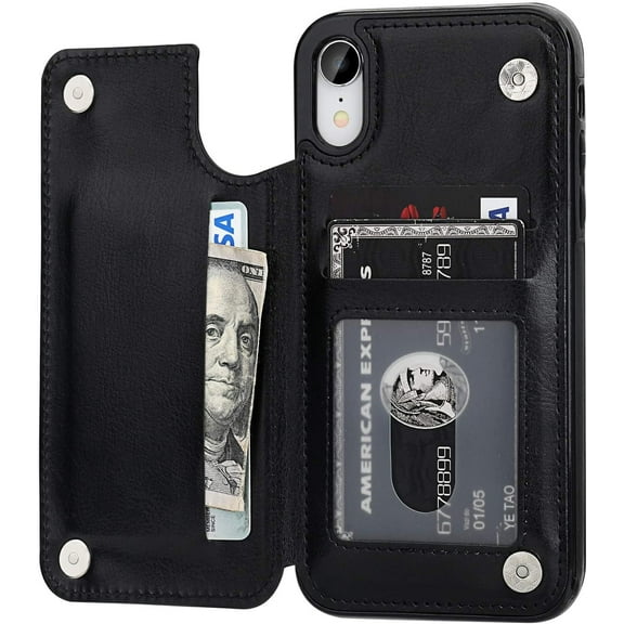 REQO iPhone XR Wallet Case with Card Holder, Premium PU Leather Kickstand Card Slots Case,Double Magnetic Clasp and Durable Shockproof Cover for iPhone XR 6.1 Inch(Black)