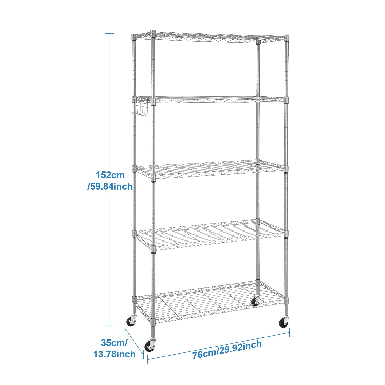 Sailvan 5-Tier Heavy Duty Metal Shelving Unit with Wheels, 900LBS Adjustable Wire Storage Rack for Garage, Pantry & Kitchen,Silver