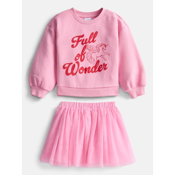 Wonder Nation Toddler Girls Graphic Crewneck Sweatshirt with Long Sleeves and Tulle Skirt Set, 2 Piece, Sizes 12M-5T