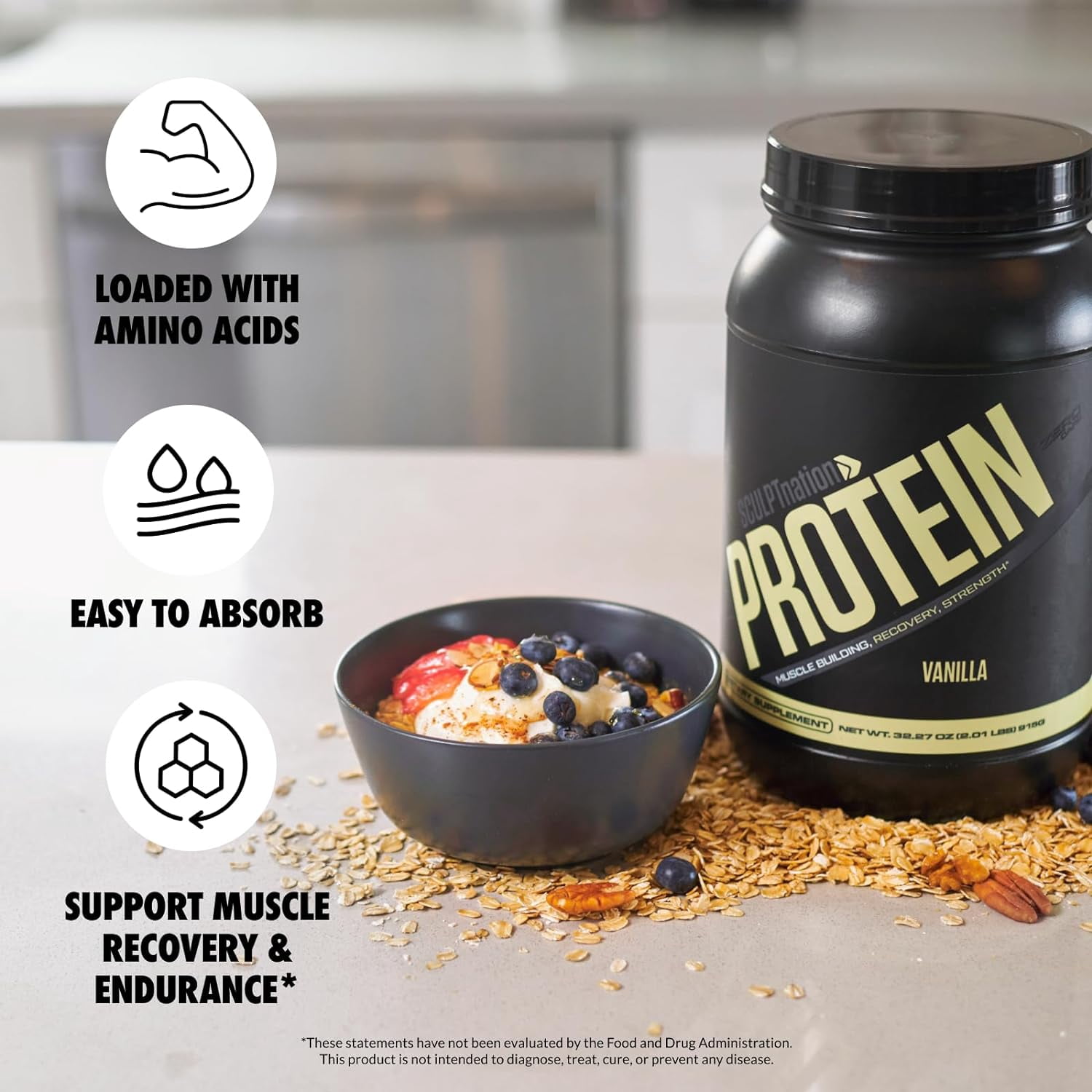 Sculpt Nation Whey Protein Powder Vanilla Flavor with BCAAs Muscle Recovery Support 30 Servings