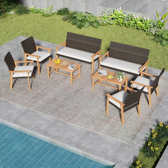 Costway 8 PCS Patio Furniture Set with Acacia Wood Coffee Table & Soft Cushions for Garden