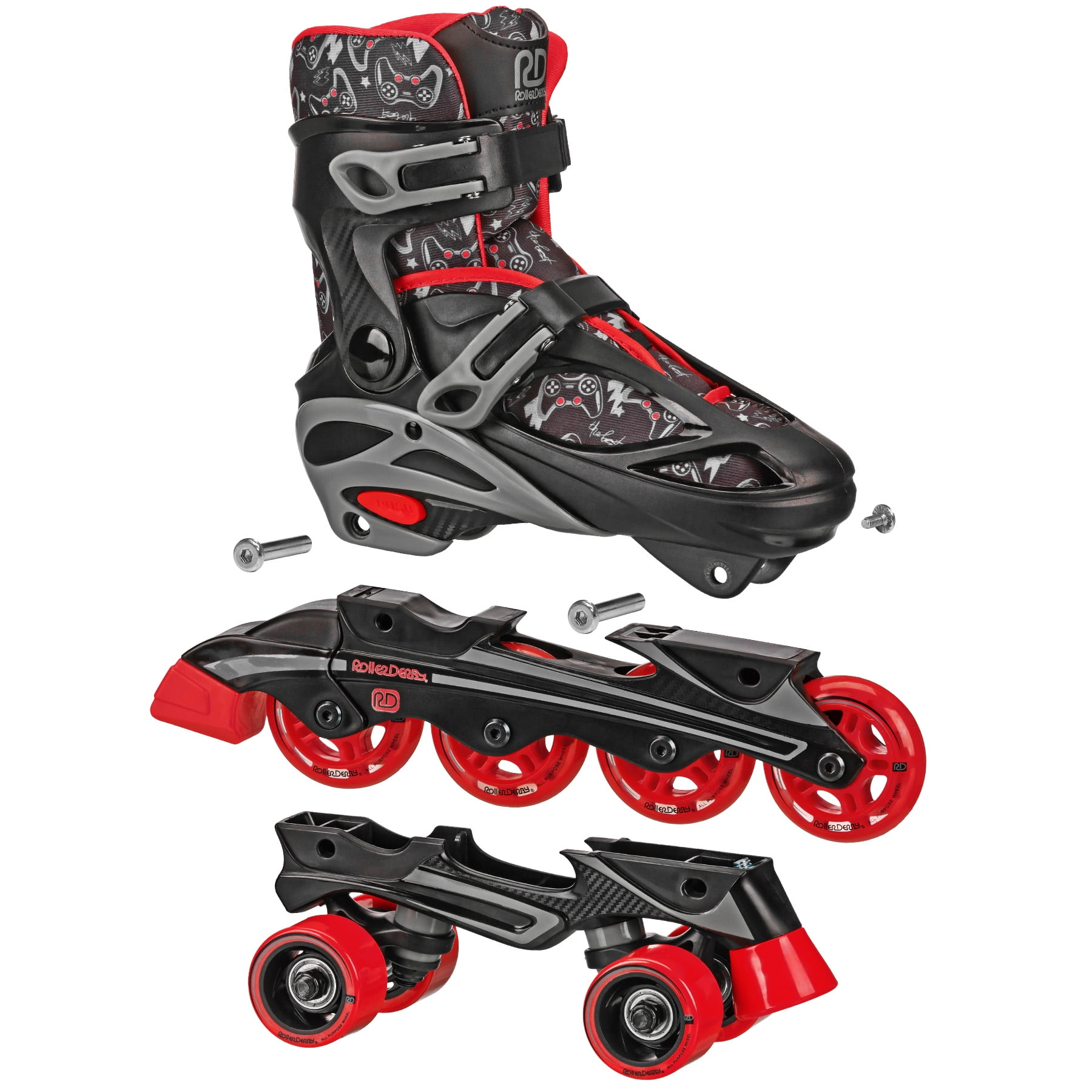 Roller Derby Sprinter Boy's 2n1 Adjustable Quad and Inline Skate Combo Gamer, Size 3-6