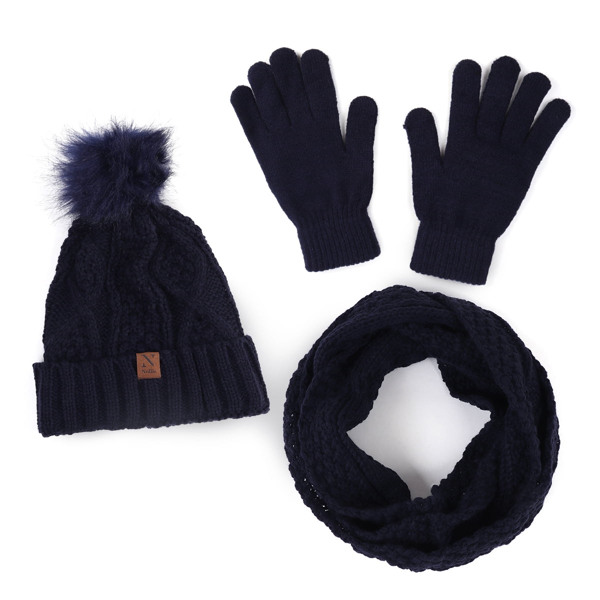 Women's 3pc Knit Hat, Gloves & Infinity Scarf Set (Navy)