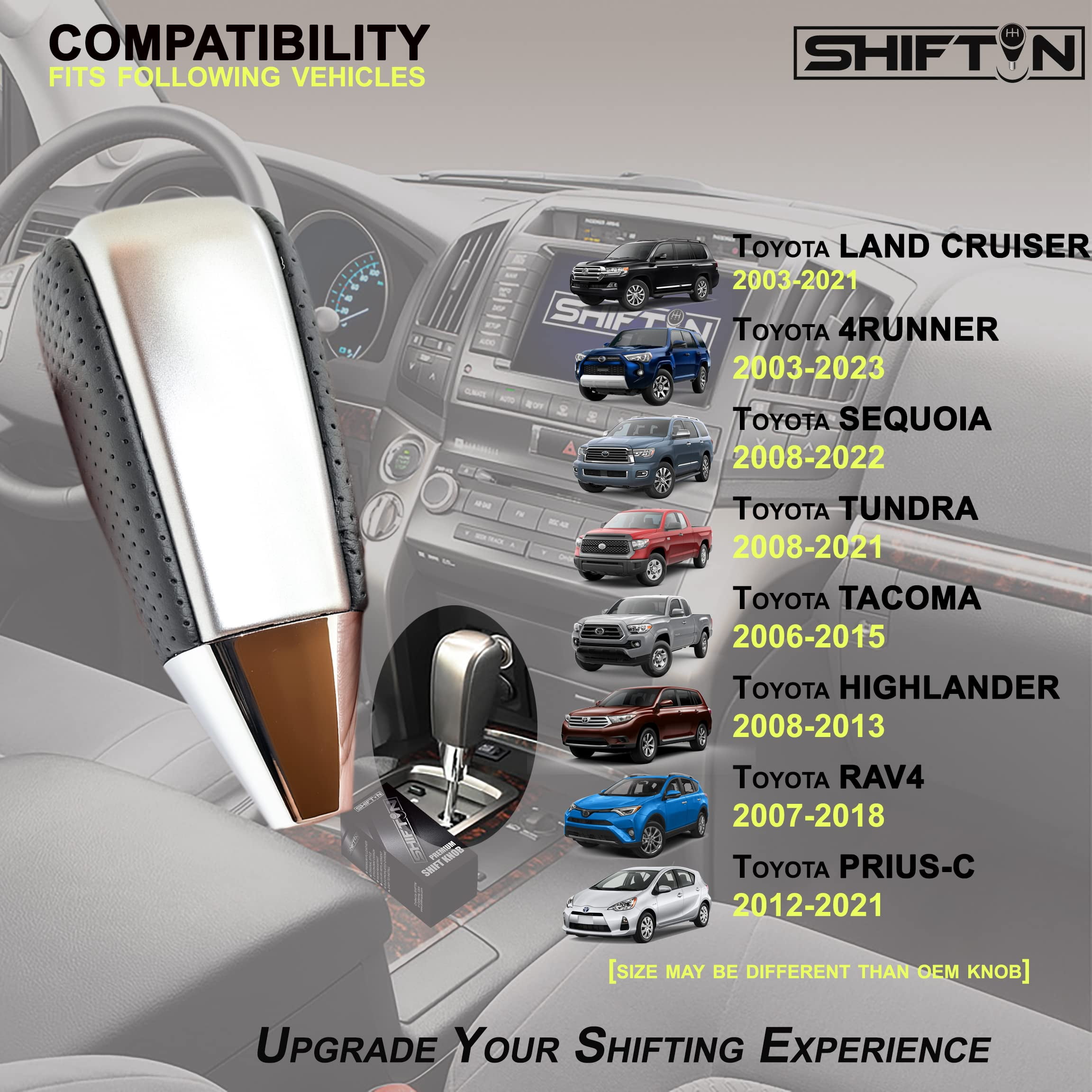 SHIFTIN Black Leather and Silver Gear Shift Knob for Toyota Land Cruiser 4Runner Sequoia Tundra and Lexus (Punched Black Leather / Gray Silver)