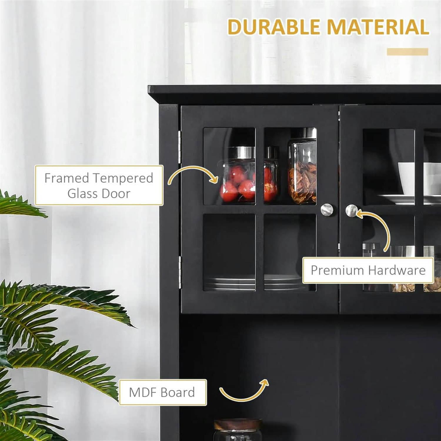 Demi Bonn 64" Modern Buffet Hutch, Kitchen Pantry Storage Cabinet with Glass Door & Drawer, Microwave Compartment for Dining Room, Home Storage, Black