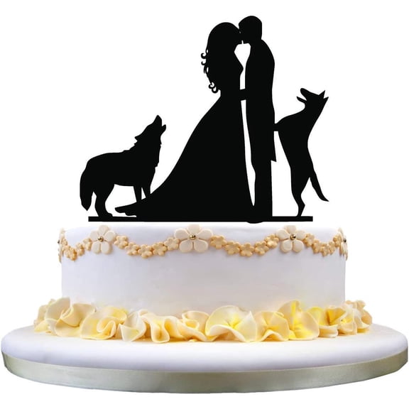 Wedding Cake Topper Silhouette couple kissing with Two Dogs Cake decoration