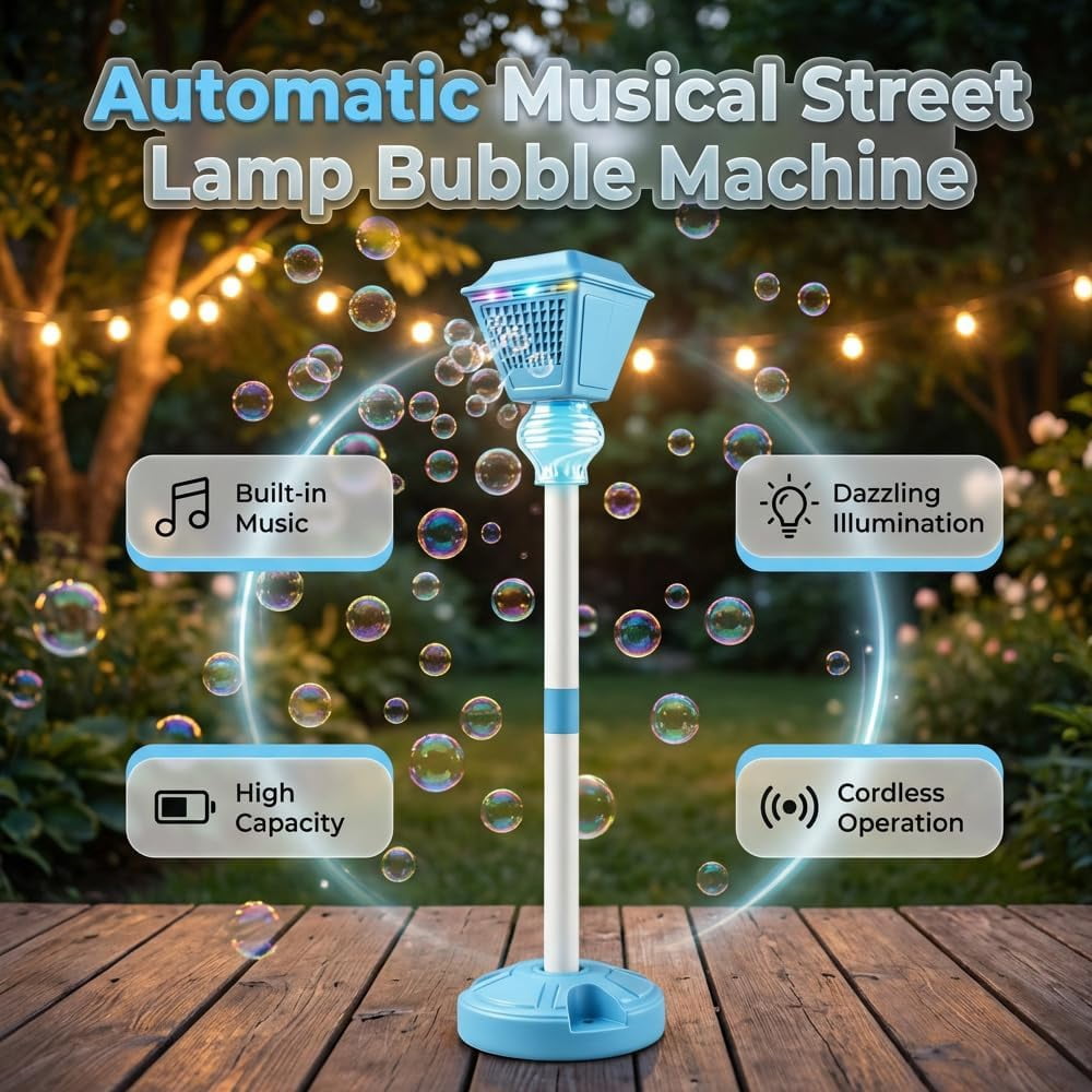 Automatic Bubble Machine with LED Lights – Rechargeable Bubble Maker with Music, Adjustable Height Outdoor Bubble Blower for Parties, Weddings (Blue)