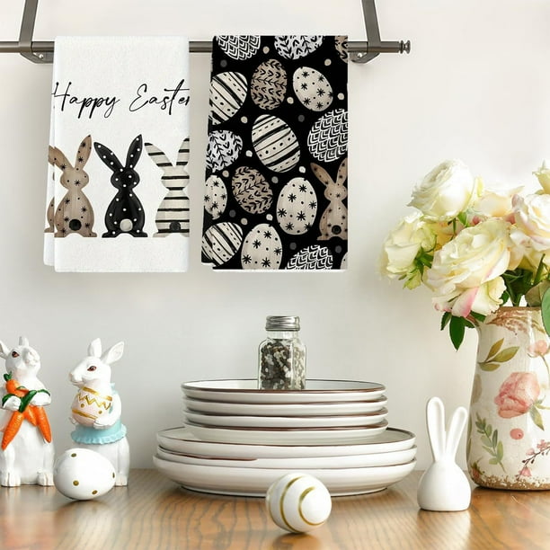Decoraciones de Pascua, adornos de Pascua, regalos de Pascua. Paquete de 2 paños de cocina con forma de conejito negro de Pascua. Toallas de cocina. Decoración de mesa. Ideal para la cocina y el comed
