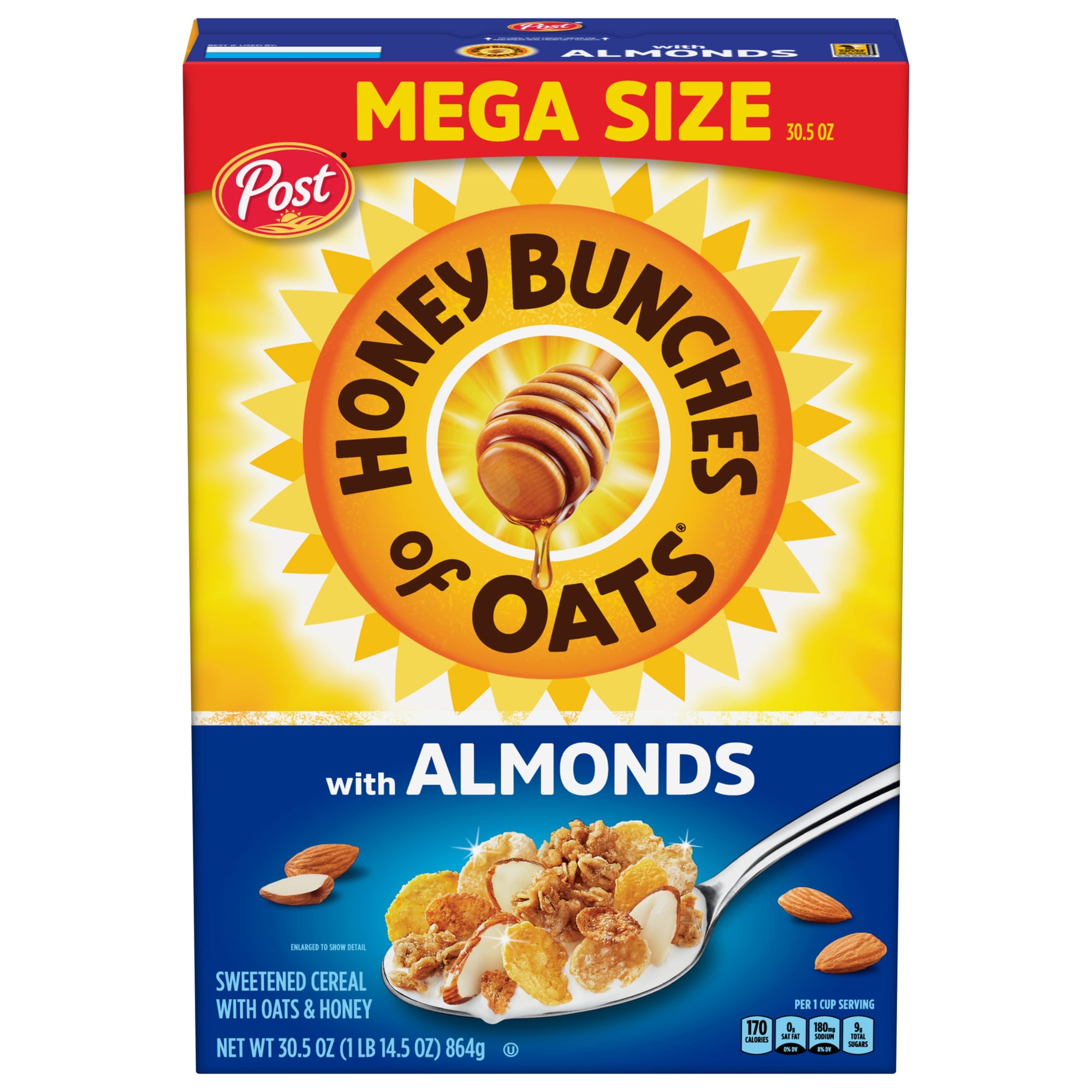 Post Honey Bunches of Oats with Almonds Breakfast Cereal, Mega Family Size Cereal, 30.5 OZ Box